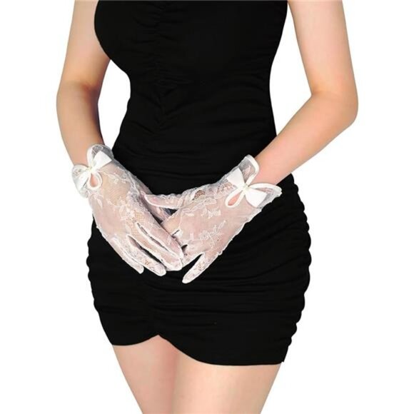 Short Lace Mesh Gloves Tulle Border with Pearls Wedding Opera Tea Party Gloves - Picture 1 of 6